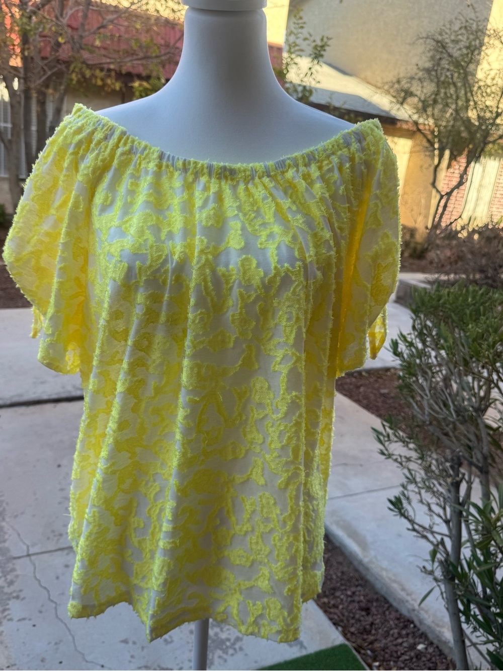 Zac & Rachel Neon Yellow Off-Shoulder Floral Overlay Tunic